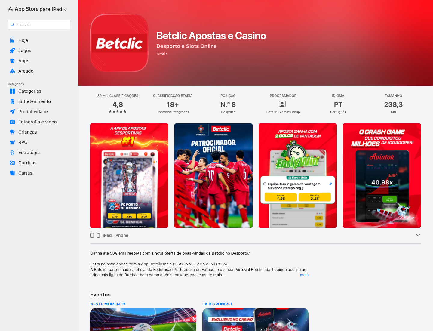 Listagem pública da aplicação de Betclic