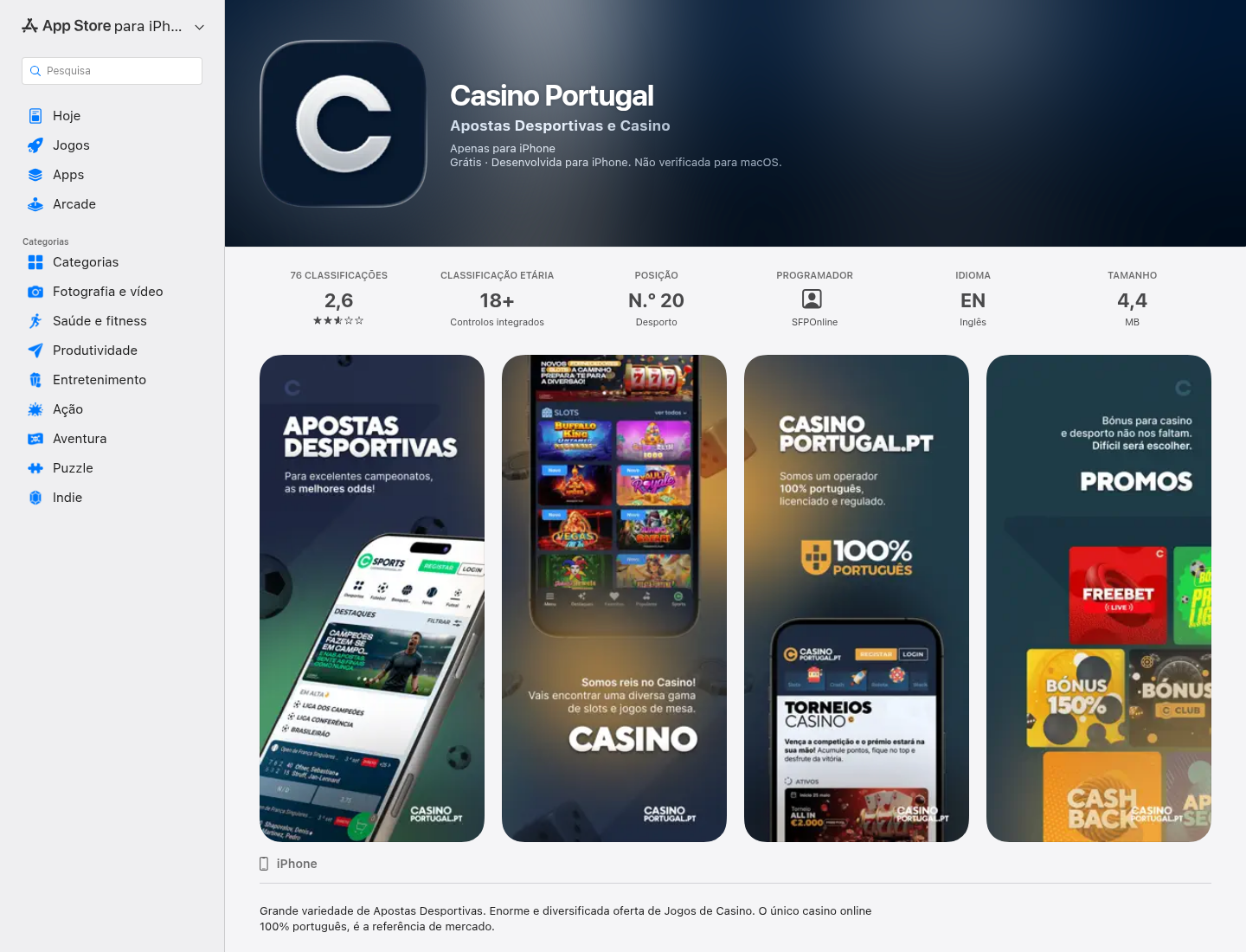 Listagem pública da aplicação de Casino Portugal