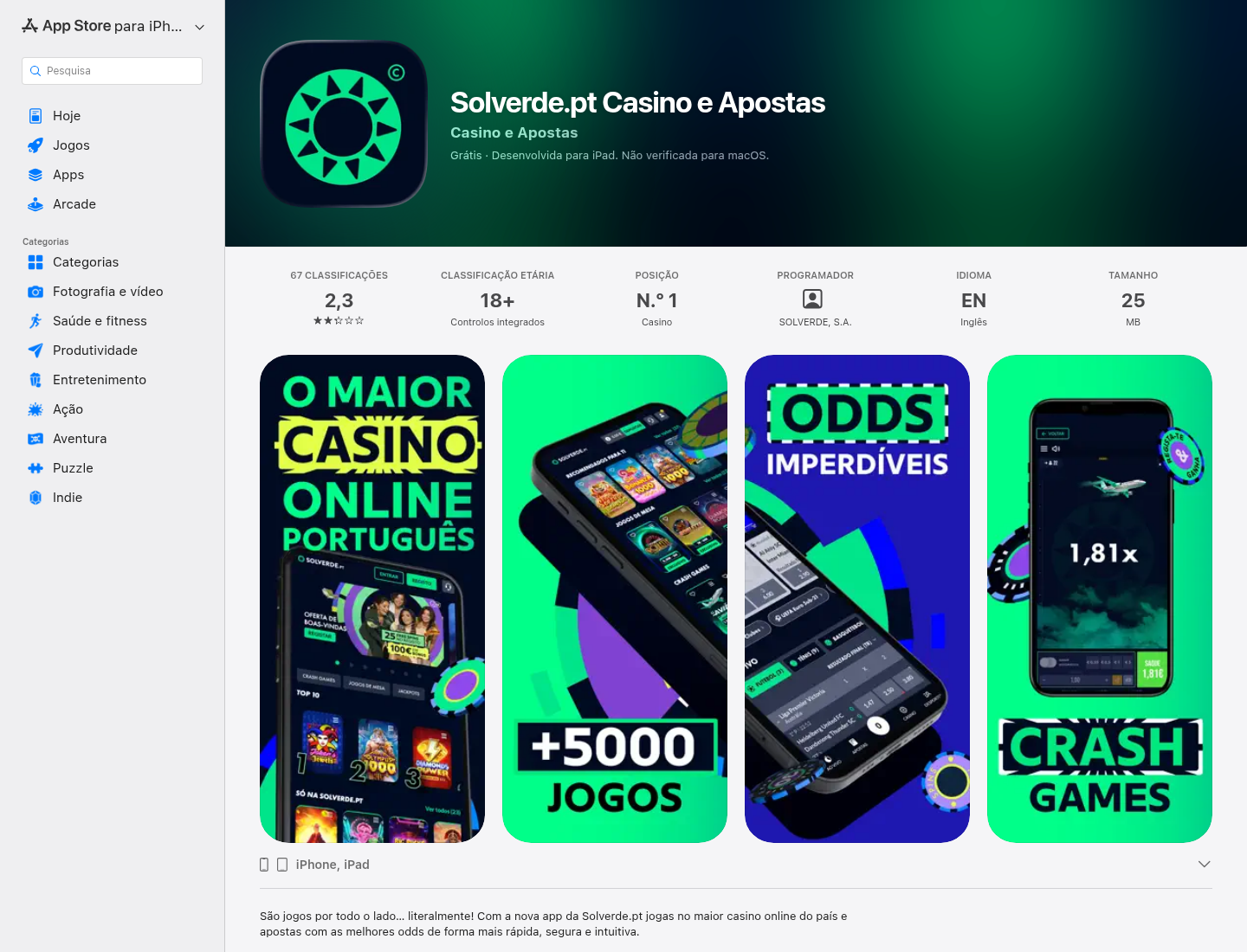 Listagem pública da aplicação de Casino Solverde