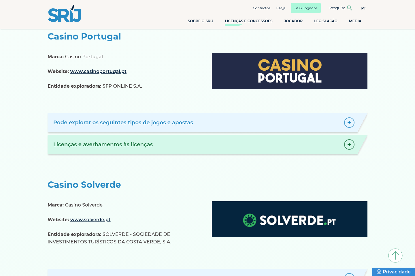 Registo SRIJ de Casino Portugal