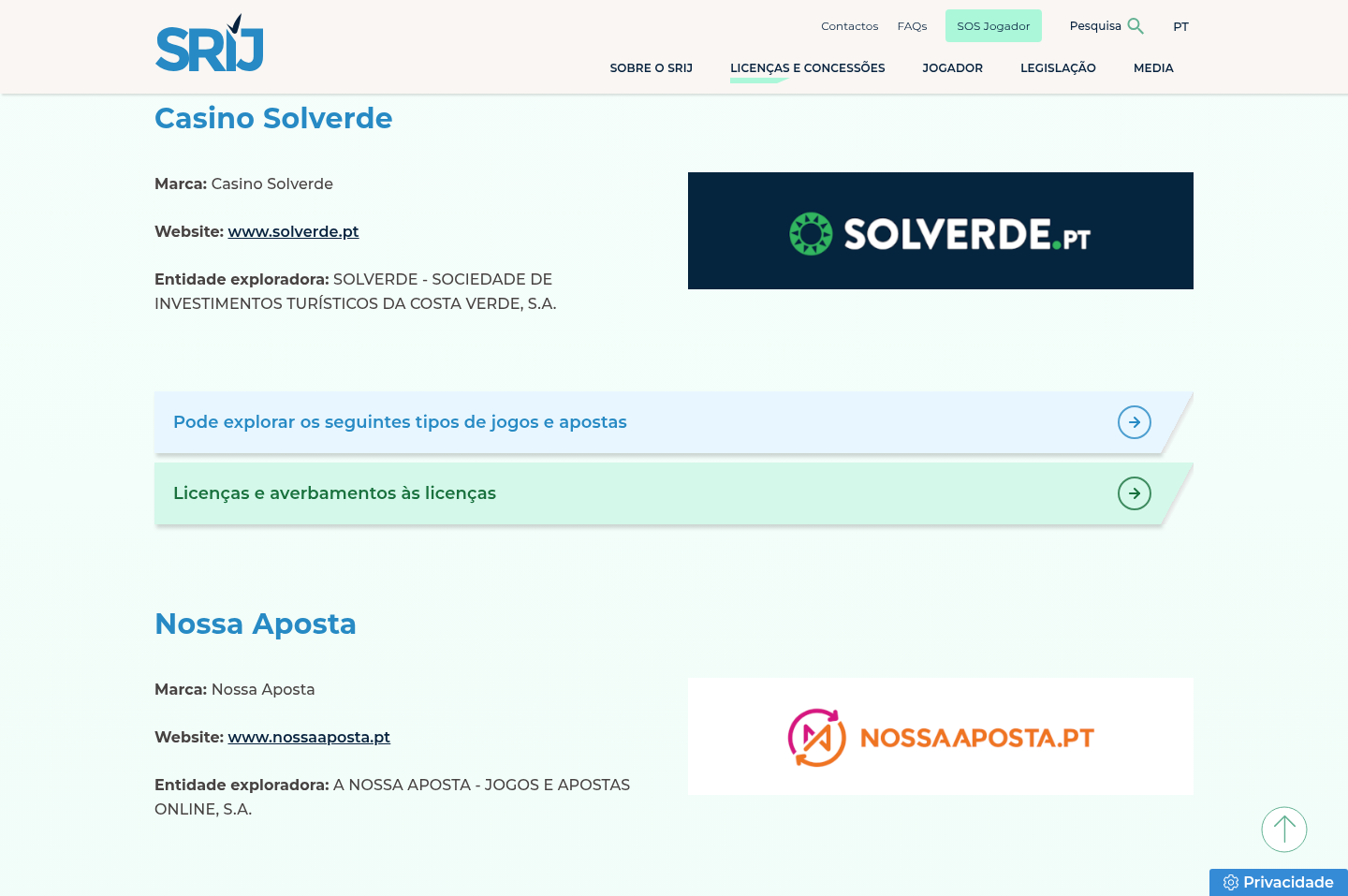Registo SRIJ de Casino Solverde